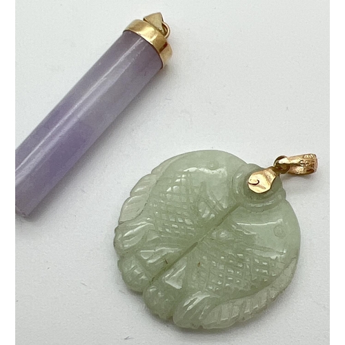 27 - 2 jade pendants with 14ct gold fixings and bales. A cylindrical lavender jade pendant with cap fixin... 