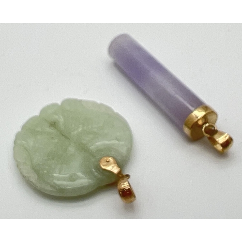 27 - 2 jade pendants with 14ct gold fixings and bales. A cylindrical lavender jade pendant with cap fixin... 