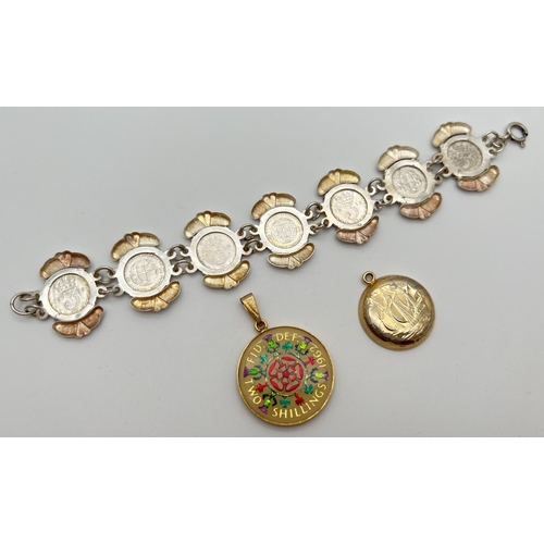 40 - A silver and white metal vintage bracelet made from George V and VI 3 pence coins. Together with ful... 