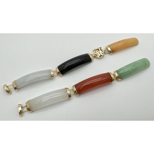 106 - A 14k gold and multi coloured jade bracelet with Chinese character detail to clasp. Two jade panels ... 