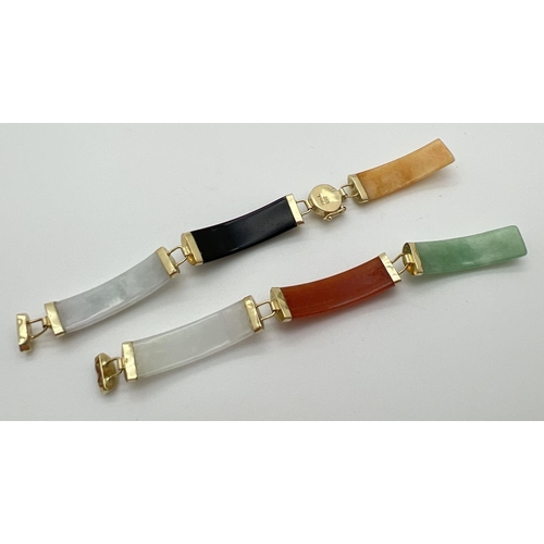 106 - A 14k gold and multi coloured jade bracelet with Chinese character detail to clasp. Two jade panels ... 