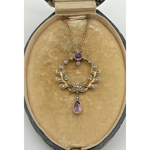 3 - An Art Nouveau 9ct gold necklace set with amethysts and seed pearls, in original silk and velvet lin... 