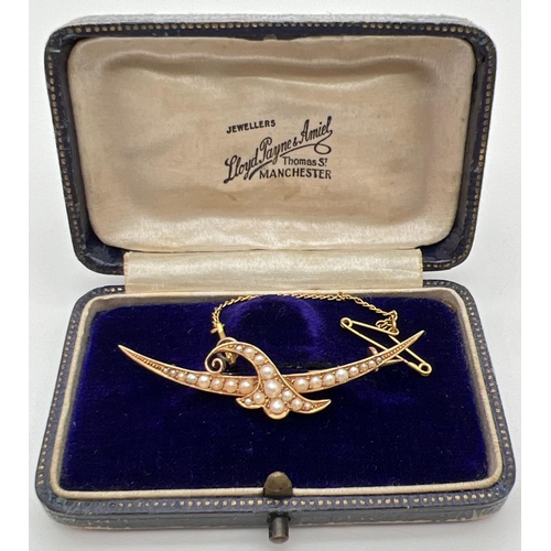 4 - An Edwardian 15ct gold and seed pearl brooch in original box by Lloyd Payne & Amiel, Manchester. Cre...