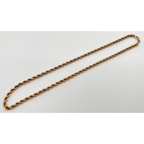 61 - A 9ct gold 16 inch rope chain necklace with spring ring clasp. Full hallmarks to fixings. Total weig... 