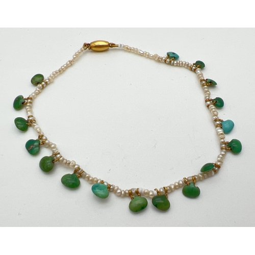 65 - A vintage seed pearl bracelet with green & blue turquoise drops and 14ct gold push clasp. Clasp test... 