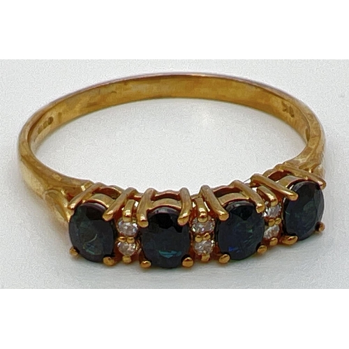 67 - A 9ct gold sapphire and diamond half eternity ring. Set with 4 round cut dark sapphires and 6 small ... 