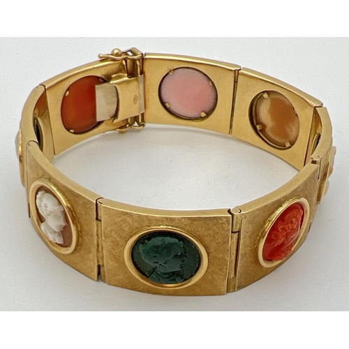 11 - A vintage 8 panel 18ct brushed gold bracelet set with varying colour semi-precious stone cameos. Pus... 