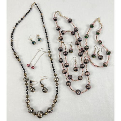 1127 - 3 Venetian glass sets of jewellery. 2 necklaces with matching drop earrings, in black & pink shades ... 