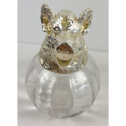 1195 - A large heavy bulbous glass claret jug with silver plated hinged lid in the form of a boars head. Ho... 