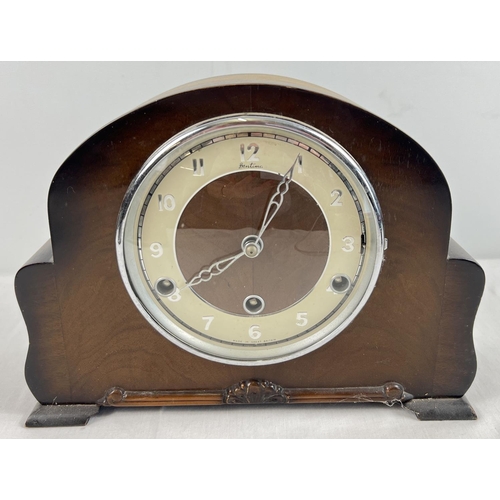 1211 - A vintage Bentima wooden cased Westminster chime mantle clock. With Perivale movement, complete with... 