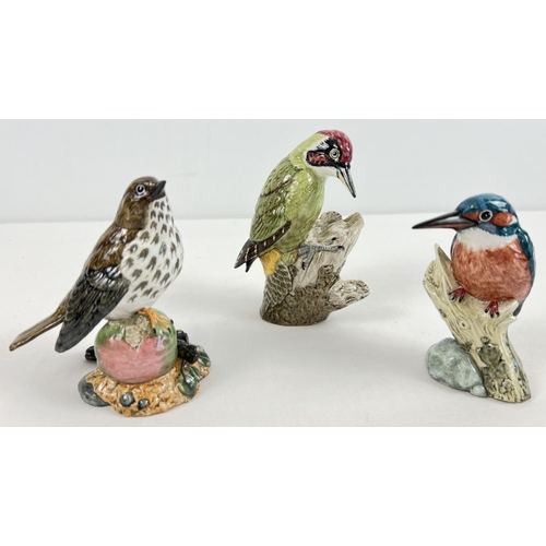 1229 - 3 R & J Mack ceramic bird figurines - Green Woodpecker, Song Thrush & Kingfisher. Boxed, all with st... 