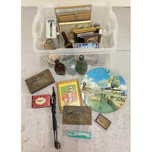 1304 - A box of assorted misc vintage items to include pictures, bottles, boxed harmonica, wooden items and... 