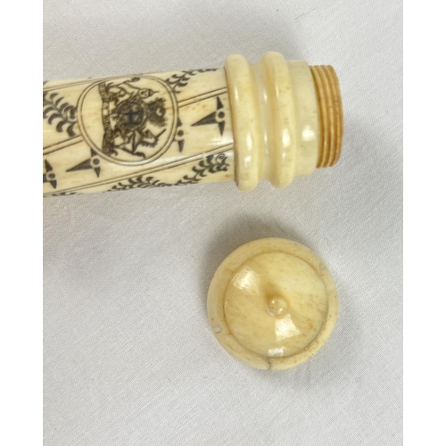 1307 - A carved bone Scrimshaw style screw top needle case with carved Royal Crest. Approx. 16.5cm long.