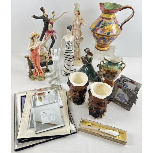 1308 - A box of assorted vintage and modern items. To include 3 large resin ornaments of women in period dr... 