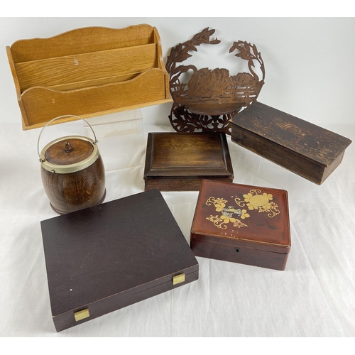 1310 - A collection of assorted vintage wooden items. To include: an Oriental red lacquer box, a light wood... 