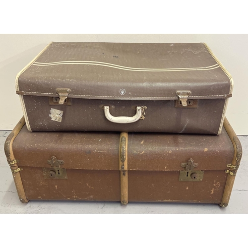 1391 - A vintage wooden bound travelling trunk with lift out interior tray and leather handles. Together wi... 