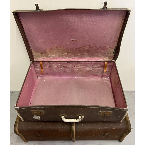 1391 - A vintage wooden bound travelling trunk with lift out interior tray and leather handles. Together wi... 