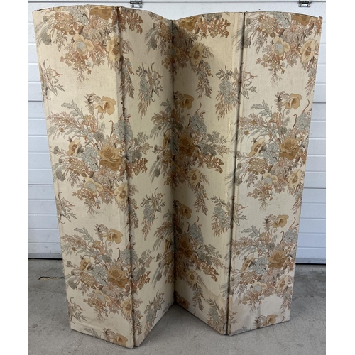 1396 - A vintage 4 panel folding screen/room divider, upholstered on a wooden frame. Floral design fabric w... 