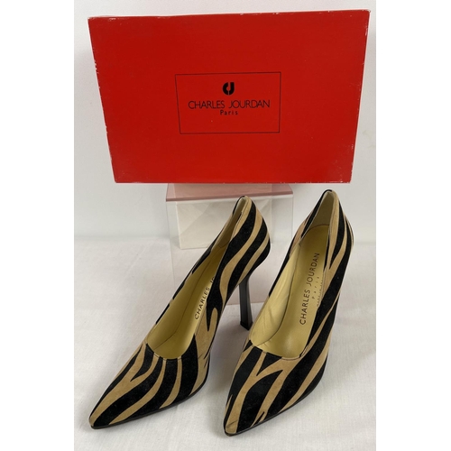 1335 - A boxed pair of animal print faux suede stiletto shoes by Charles Jourdan, Paris. US size 8B.