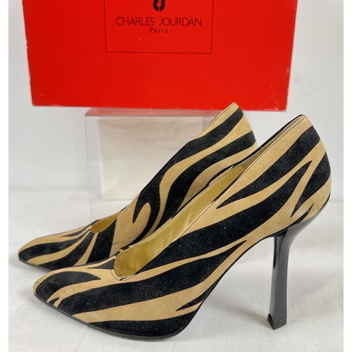 1335 - A boxed pair of animal print faux suede stiletto shoes by Charles Jourdan, Paris. US size 8B.