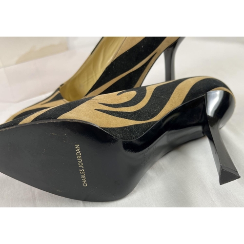 1335 - A boxed pair of animal print faux suede stiletto shoes by Charles Jourdan, Paris. US size 8B.