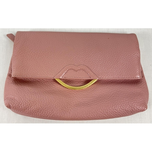 1338 - A pale pink leather clutch bag by Lulu Guinness with lips motif and gold hardware. External back poc... 