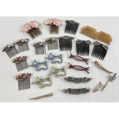 1312 - A quantity of stone set hair combs and slides. To include a matching pair of long hair slides set wi... 