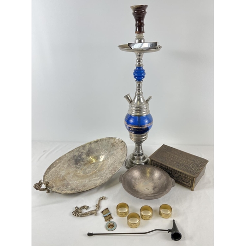 1199 - A small collection of metal ware and silver plated items. To include an Art Deco bowl, Hookah pipe, ... 