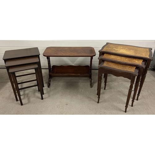 1352 - 2 vintage dark wood nests of 3 tables together with a magazine rack side table. Mid Century Herbert ... 