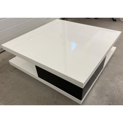 1355 - A modern black and white square shaped low coffee table with gloss finish. with 2 black drawers and ... 