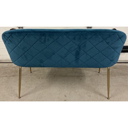 1360 - A modern design love seat with tubular brushed steel legs and teal velvet coloured upholstery. With ... 