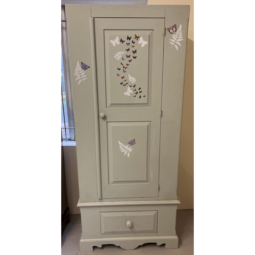 1368 - A vintage solid pine 2 part wardrobe, painted grey with stencilled painted design and butterfly stic... 