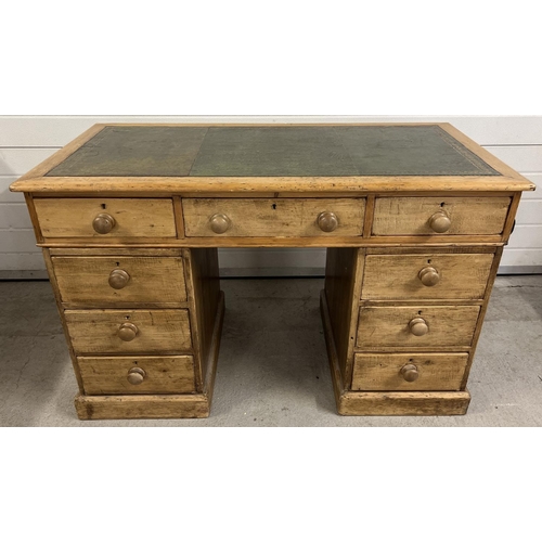 1372 - An antique stripped pine 3 piece pedestal knee hole desk. Green leather insert top with gilt detail.... 