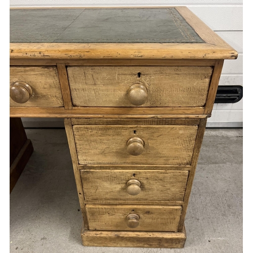 1372 - An antique stripped pine 3 piece pedestal knee hole desk. Green leather insert top with gilt detail.... 