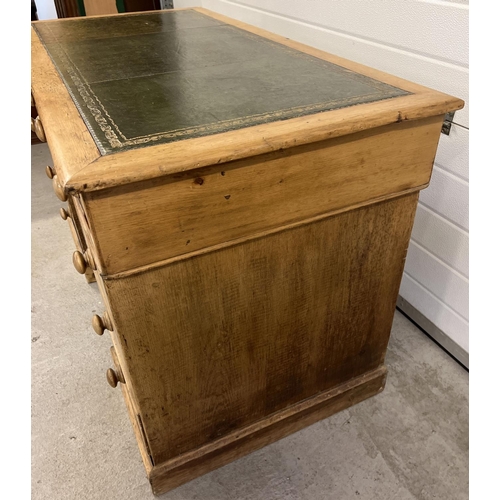 1372 - An antique stripped pine 3 piece pedestal knee hole desk. Green leather insert top with gilt detail.... 