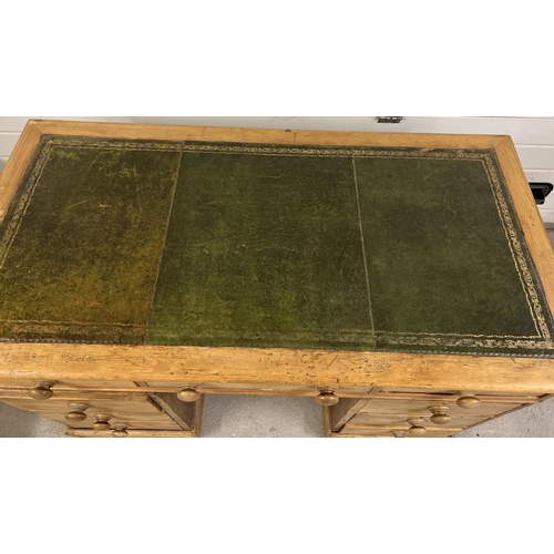 1372 - An antique stripped pine 3 piece pedestal knee hole desk. Green leather insert top with gilt detail.... 