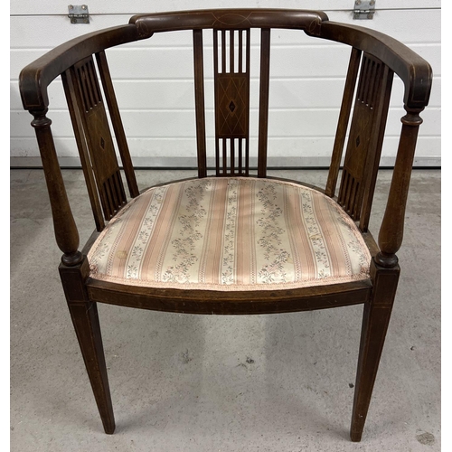 1380 - A Victorian dark wood curve backed chair with spindle supports and inlaid detail to panels and back.... 