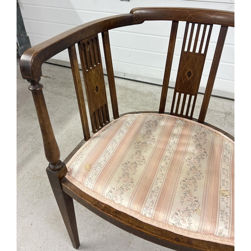 1380 - A Victorian dark wood curve backed chair with spindle supports and inlaid detail to panels and back.... 