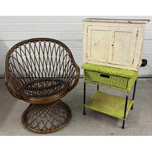 1381 - 3 vintage items of furniture. A mid century cane peacock style chair; a metal framed cane cabinet wi... 