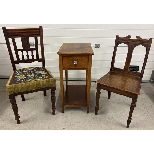 1383 - 3 antique dark wood items of furniture. 2 Victorian hall chairs with carved detail together with an ... 