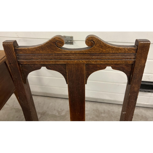 1383 - 3 antique dark wood items of furniture. 2 Victorian hall chairs with carved detail together with an ... 