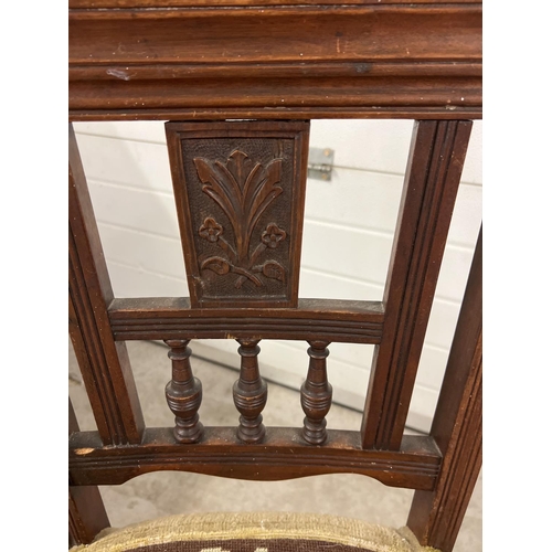 1383 - 3 antique dark wood items of furniture. 2 Victorian hall chairs with carved detail together with an ... 