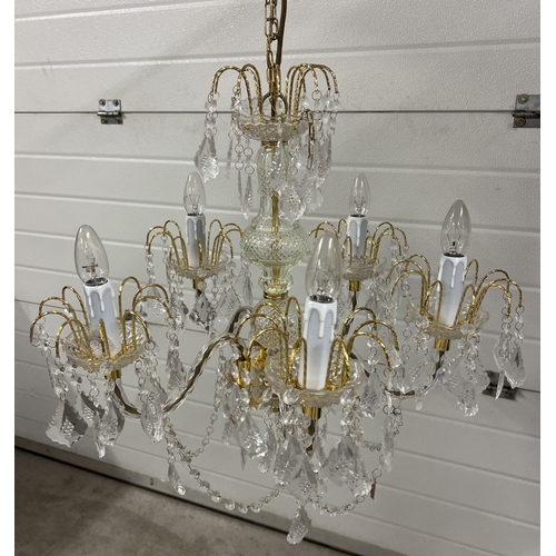 1346 - A modern brass and glass chandelier style ceiling light with plastic drops. Approx. 110cm drop but c... 