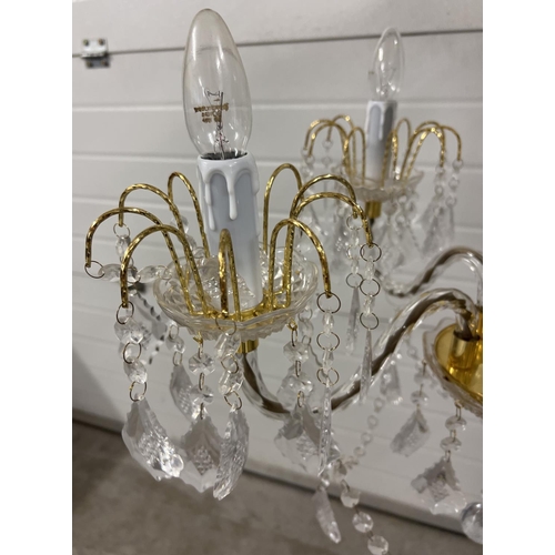 1346 - A modern brass and glass chandelier style ceiling light with plastic drops. Approx. 110cm drop but c... 