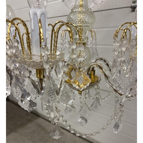 1346 - A modern brass and glass chandelier style ceiling light with plastic drops. Approx. 110cm drop but c... 