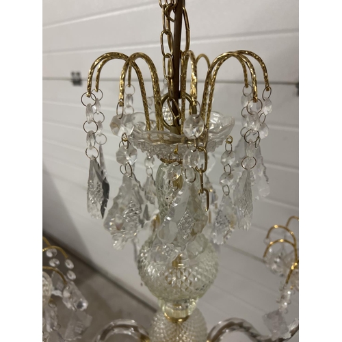 1346 - A modern brass and glass chandelier style ceiling light with plastic drops. Approx. 110cm drop but c... 