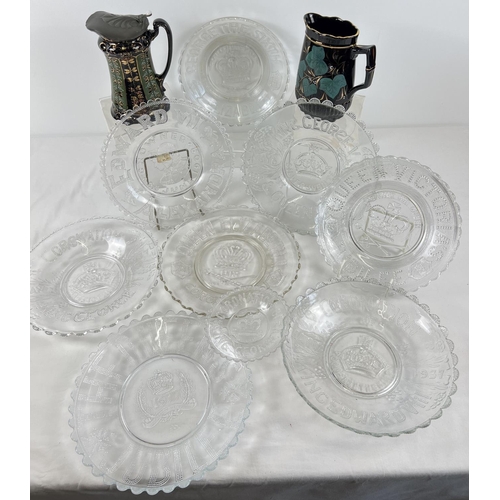 1235 - A collection of 9 moulded glass coronation plates together with 2 antique ceramic jugs. Commemorativ... 