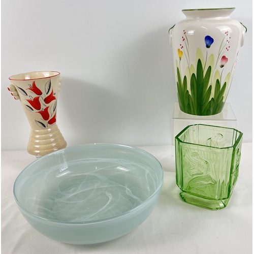 1219 - 2 ceramic vases together with 2 pieces of glass. A large clear & white cloud glass bowl (approx. 31c... 