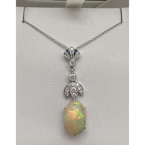 1071 - A 18ct white gold Art Deco style diamond, sapphire and opal set necklace by Luke Stockley, London. A...