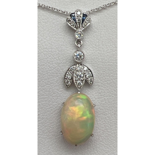 1071 - A 18ct white gold Art Deco style diamond, sapphire and opal set necklace by Luke Stockley, London. A... 